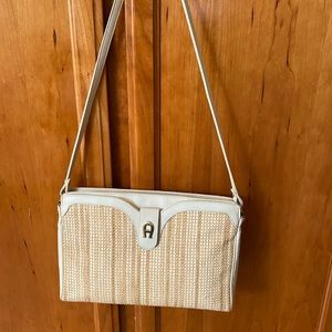Etienne Aigner Straw Shoulder Handbag Cream leather trim